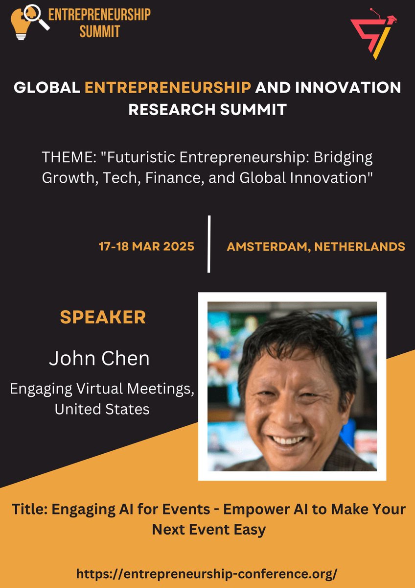 Conference2k25's tweet image. 🌟 Exciting news! 🌟

We&apos;re thrilled to welcome John Chen from Engaging Virtual Meetings as a featured speaker at the Entrepreneurship Summit 2025!

🗓️ March 17-18, 2025
📍 Amsterdam, Netherlands
Stay updated: entrepreneurship-conference.org

#Entrepreneurship2025 #Innovation #Summit