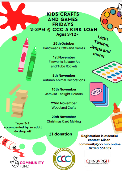 Our Kids Crafts and Games sessions continue on Fridays from 2-3 pm - please register in advance. Suggested donation of £1 per session.