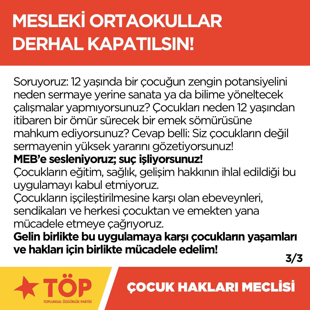 “Mesleki ORTAOKUL”lar geçen hafta “eğitime” başladı! 

MEB, 12 yaşında çocukları bir ömür işçiliğe mahkum edecekleri uygulamayı tüm ülkeye yaymak istiyor. 
Bu uygulamadan derhal vazgeçilsin! 
Patronların değil çocukların yararını gözetin!

#meslekiortaokul #çocukhakları