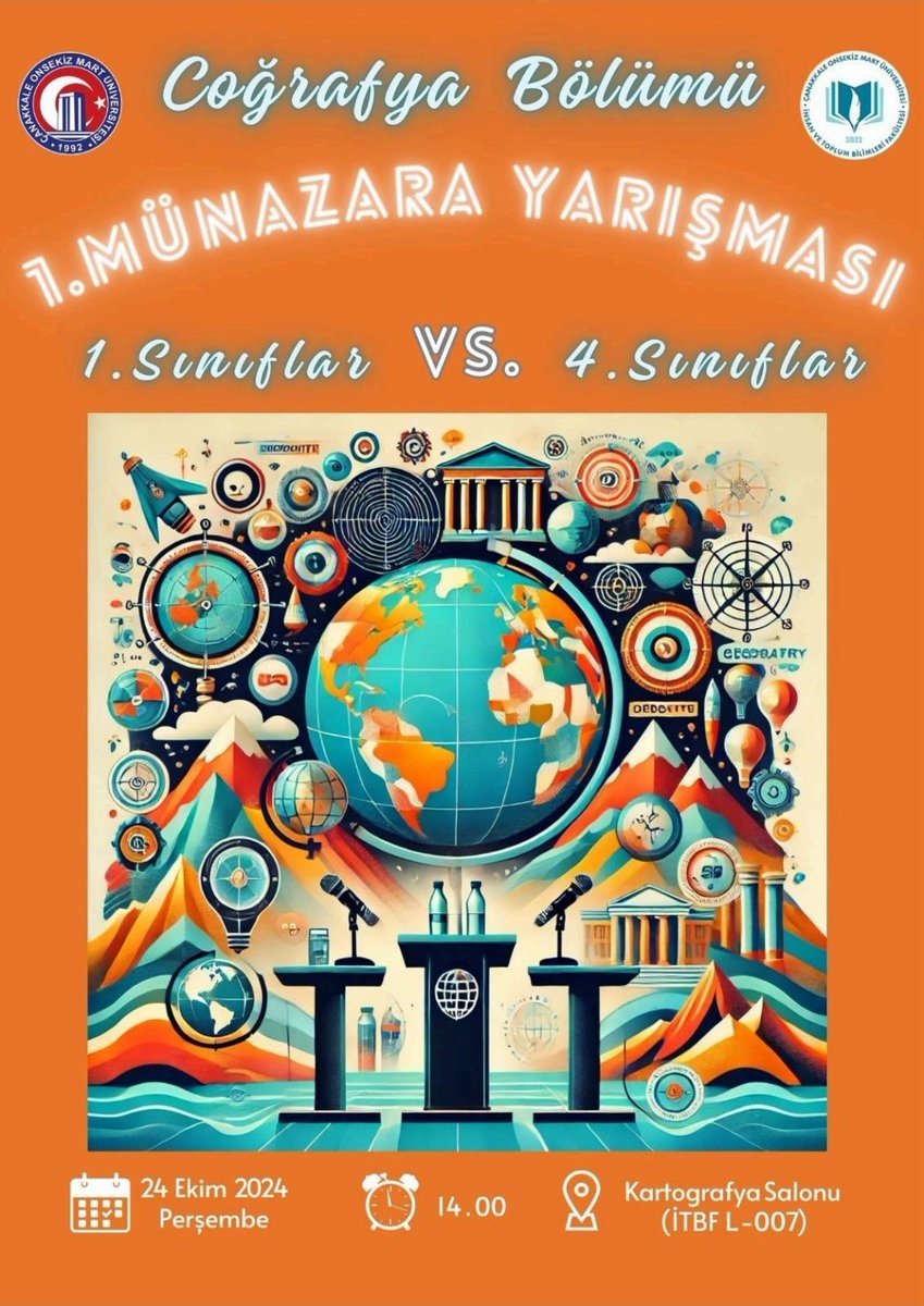 Coğrafya bölümü lisans öğrencileri münazara yarışması 24 Ekim 2024 Perşembe saat 14.00'te Kartografya ve Çizim Laboratuvarında yapılacaktır.
