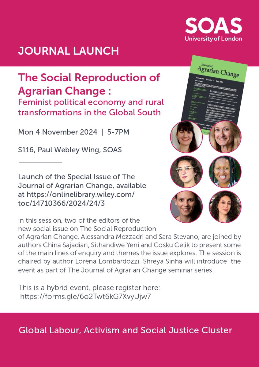 SOAS Development Studies (@soasdevelopment) on Twitter photo 📌 A Special Issue of the Journal of Agrarian Change launches on 4th November at <a href="/SOAS/">SOAS University of London</a>! Part of a seminar series in the Journal of Agrarian Change, this event on 'The Social Reproduction of Agrarian Change: Feminist Political Economy and Rural Transformations in the Global South' 📌 A Special Issue of the Journal of Agrarian Change launches on 4th November at <a href="/SOAS/">SOAS University of London</a>! Part of a seminar series in the Journal of Agrarian Change, this event on 'The Social Reproduction of Agrarian Change: Feminist Political Economy and Rural Transformations in the Global South'