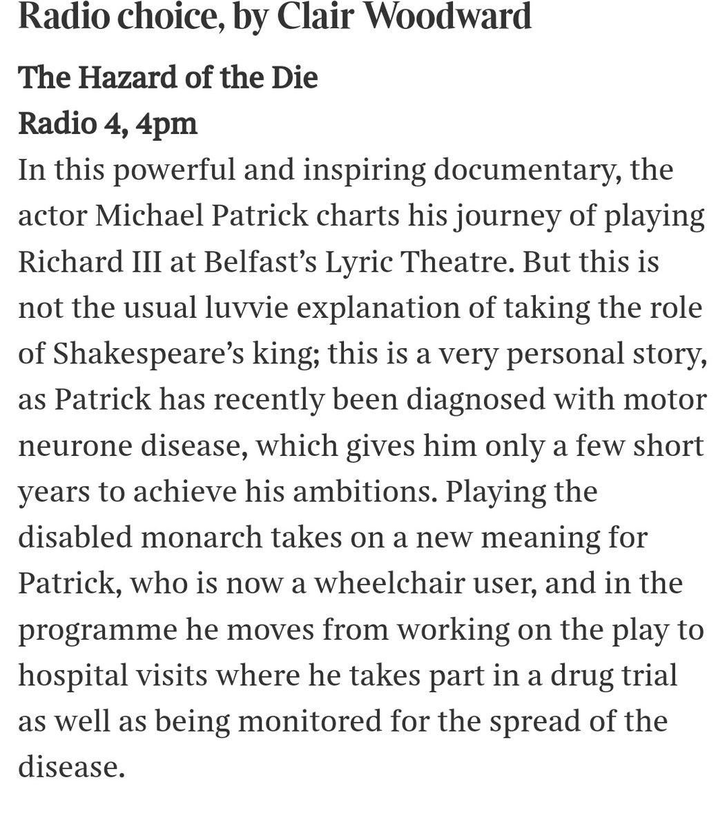 Hazard of the die is on <a href="/BBCRadio4/">BBC Radio 4</a> later today. 4pm. 

I'm very proud of this documentary. 

I'm also very proud of our production of Richard III - running <a href="/LyricBelfast/">Lyric Theatre Belfast</a> until 10th November.
Tickets: lyrictheatre.co.uk/whats-on/the-t…