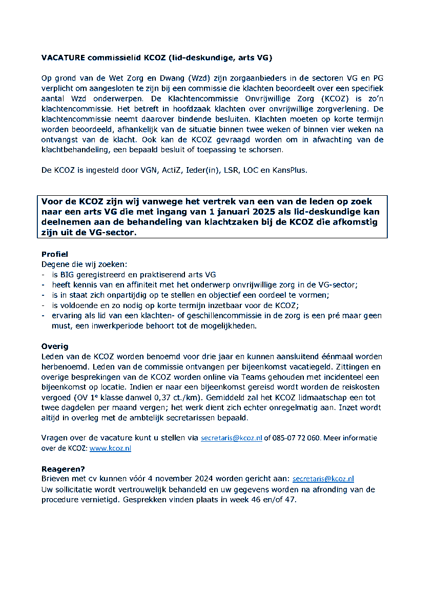 VACATURE commissielid KCOZ (lid-deskundige, arts VG) - KansPlus