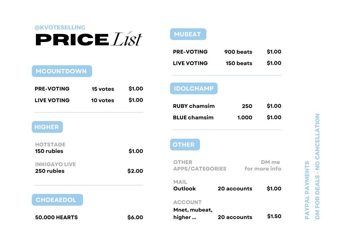 PRICE LIST ✨✨

AVAILABLE FOR THIS WEEK

▫️MAMA
Avail: 900 votes per day

▫️MCOUNTDOWN
Pre: 2.000 votes. |  Live: 200 votes

▫️IDOLCHAMP 
Ruby chamsim: 20.000 ❤️

▫️… 

💌 DM TO ORDER <a href="/kvoteselling/">KPOP VOTE SELLING ✨</a>