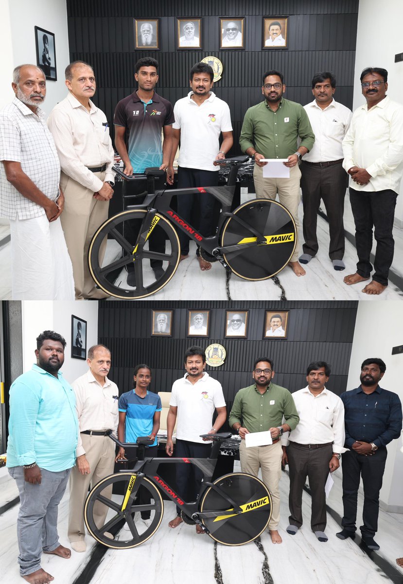 Hon’ble #Tamilnadu Deputy #CM <a href="/Udhaystalin/">Udhay - தமிழ்நாட்டை தலைகுனிய விடமாட்டேன்</a> 🖤❤️ அவர்கள் சைக்கிள் பந்தய வீரர்கள் சஞ்சய் சரவணன், கிஷோர் மற்றும் வீராங்கனையர் தங்கைகள் ஸ்மிருதி, கஸ்தூரி, ஹாசினி ஆகியோருக்கு தமிழ்நாடு சாம்பியன்ஸ் அறக்கட்டளை நிதியிலிருந்து ரூ.83.33 லட்சம் மதிப்பில் அதிநவீன மிதிவண்டிகள் மற்றும்