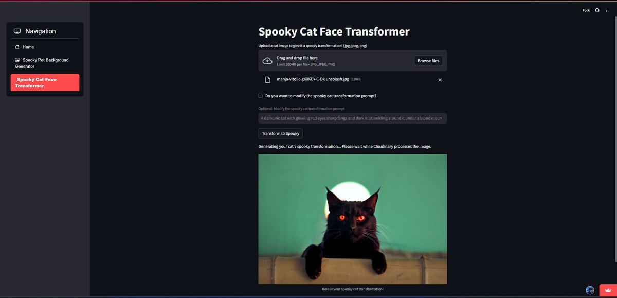 4gameparth's tweet photo. Introducing SpookyShots Studio, It is a fun platform that transforms ordinary pet images into spooky, Halloween-themed creations. Give your cat a spooky makeover or place any pet in a chilling Halloween setting. Try: https://t.co/UolNsS2XoF
@cloudinary @midudev #cloudcreate https://t.co/EMzstJwfu7