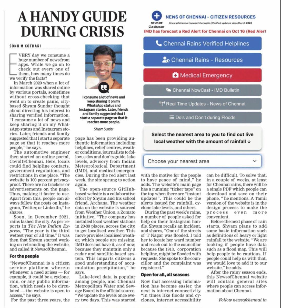 shyamsundark's tweet photo. Thank you, @Sonukothari15, for the wonderful coverage on the @newsofchennai citizen resource site 🔗https://t.co/2eZeTxjqcx for #ChennaiRains | @tniefeatures

The plan is to keep the site active throughout the year with useful and relevant resources and helplines for citizens https://t.co/WAmpY8epWZ