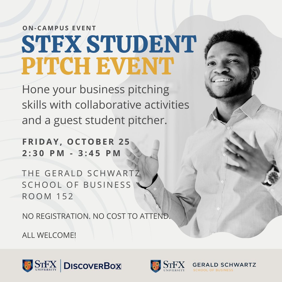 StFXDiscoverBox's tweet image. Hey @stfxuniversity students!

Sharpen your business pitching skills at our StFX Student Pitch Event!

No cost - no registration. All welcome!

When: Friday, October 25th | 2:30-3:45 PM (ADT)

Location: Schwartz Room 152

Questions? Email nmaltby@stfx.ca