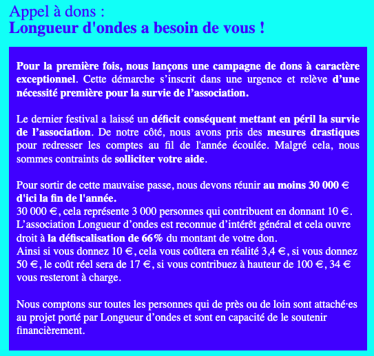 Matilde Meslin (@matildemeslin) on Twitter photo L'association <a href="/LDOndes/">Longueur d'ondes</a> lance un appel aux dons pour sauver l'asso et le festival. helloasso.com/associations/l… L'association <a href="/LDOndes/">Longueur d'ondes</a> lance un appel aux dons pour sauver l'asso et le festival. helloasso.com/associations/l…