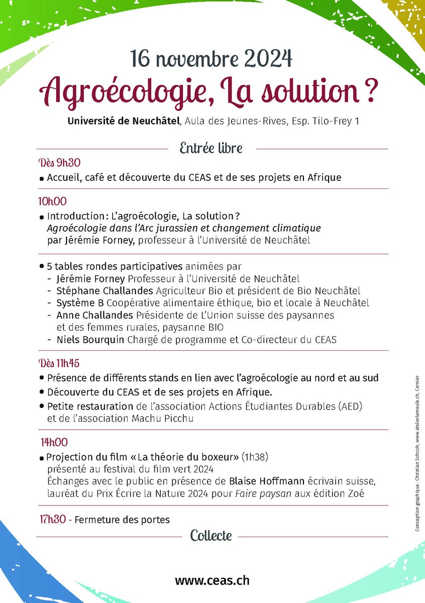 Aujourd’hui j’ai Transition ! j’peux pas ! Le 16 novembre 2024, dès 9h30 - Agroécologie, La solution ? Une journée pour agir ici et rendre l’action possible ailleurs.
<a href="/UniNeuchatel/">Université Neuchâtel</a>, Aula des Jeunes-Rives
Esp. Tilo-Frey 1, Neuchâtel
Entrée libre #transitionécologique #agroécologie