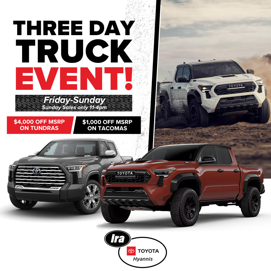 🚨 Calling all truck lovers! 🚨

Don’t miss our Three Day Truck Event with deals that pack a punch! Get behind the wheel of pure power. Don’t let these offers drive away without you. 💪🔥

#ToyotaTrucks #TruckLife #OffRoadReady #BuiltToConquer
