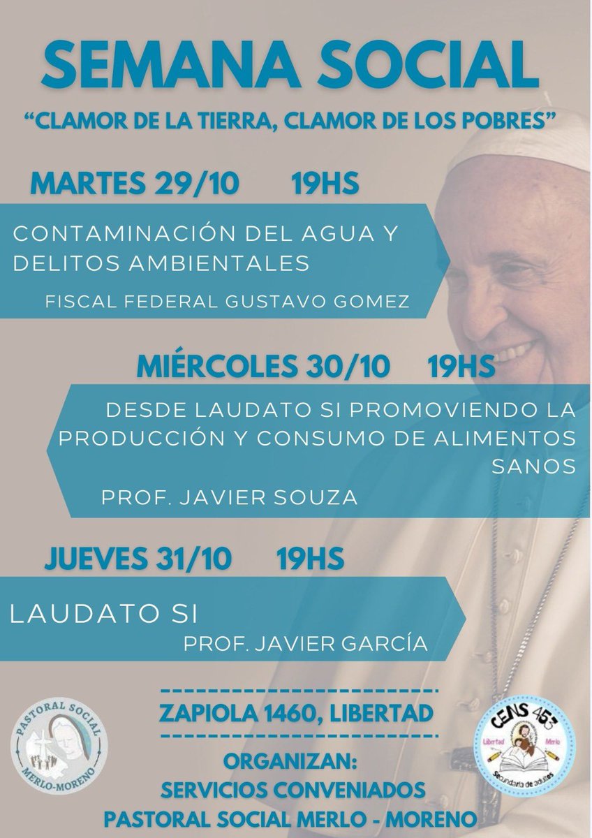 Semana Social 2024 - “Clamor de la tierra, Clamor de los Pobres.”

Los servicios educativos conveniados de Libertad, junto a la Pastoral Social diocesana, invitan a participar de tres días de charlas sobre el cuidado de la Casa Común desde la Encíclica Laudato SI.