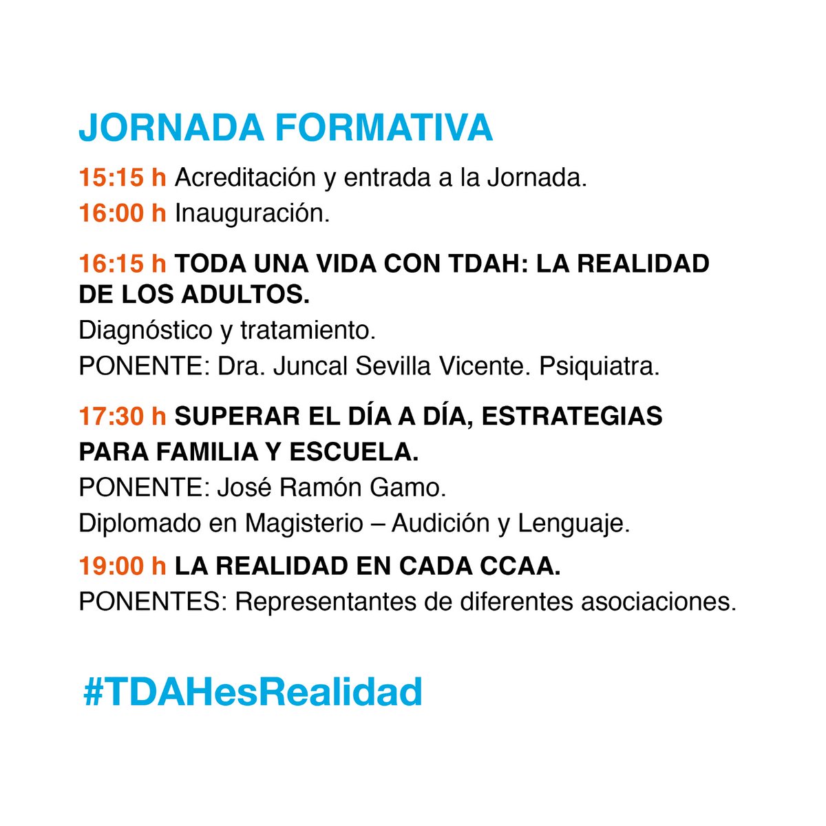 El #TDAHesrealidad y el próximo 28 de octubre llegará al Congreso de los Diputados. 🧡

🗣️ Durante la Jornada, representantes de asociaciones expondrán las realidades que se dan en cada comunidad.

🤩 Inscripciones en forms.gle/SQd6VftKwddcEy…

#tdah #feaadah #jornadatdah