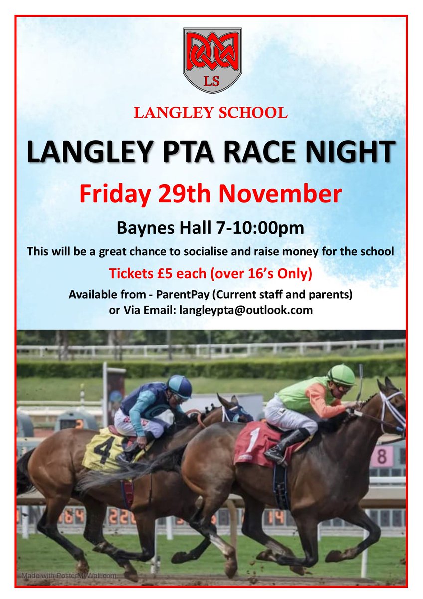 We are delighted to invite you all to Langley PTA Race Night. This will be a fantastic opportunity to socialise together and at the same time raise funds to enhance the experiences for our students at school. 
Tickets are on sale £5 each (over 16's only) via ParentPay.