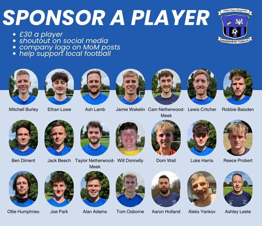 Our First Team Squad are looking for Player Sponsorships!

For £30 per sponsorship, you’ll see your company name/Logo on all posts relating to your chosen player;

🏆 Man of the Match
🥇 Milestone’s
📰 Match Day Mentions

Also the chance to be involved in our annual charity day!