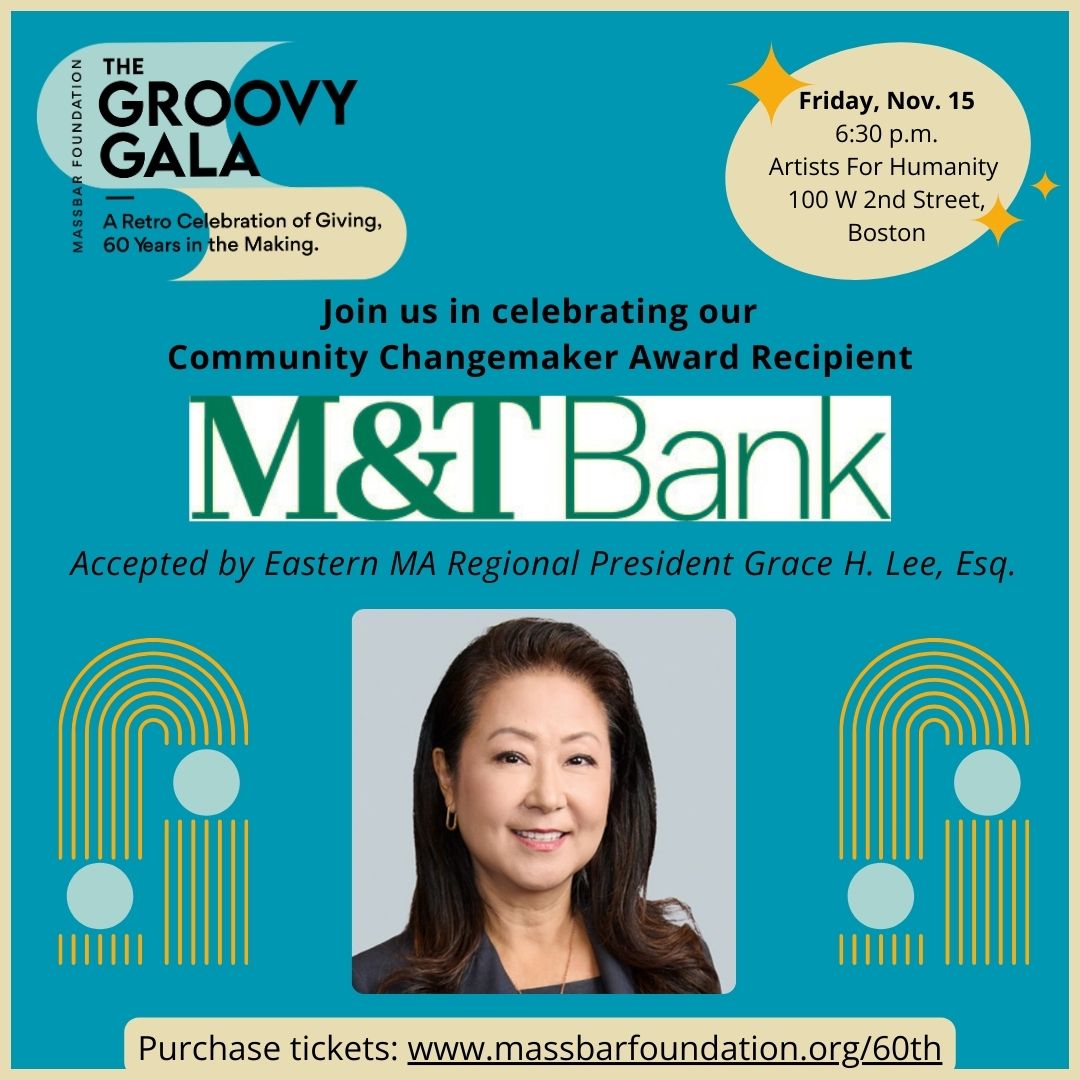 The MBF’s 60th Anniv. Community Changemaker Awards celebrate those that have made remarkable contributions to promoting justice, fostering equity, &amp; driving meaningful change.

We're proud to present <a href="/MandT_Bank/">M&T Bank</a> with this award at our Groovy Gala on 11/15. massbarfoundation.org/60th