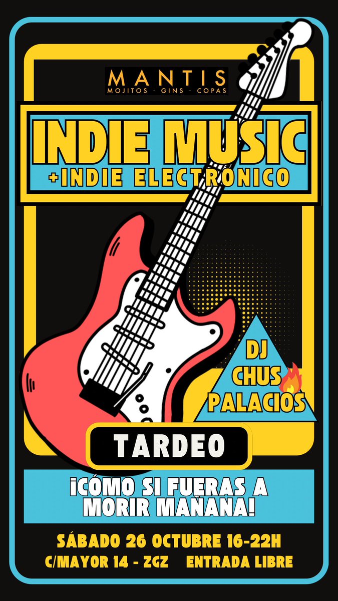 eva_mantis's tweet photo. ¿Te gusta el indie? ¿Sí? Entonces no te pierdas el tardeo que hemos preparado este sábado 26 de octubre. ¡@chuspalacios_music nos va a hacer bailar! 🔥
#Zaragoza #mantisbar https://t.co/1Mzv0gubiD