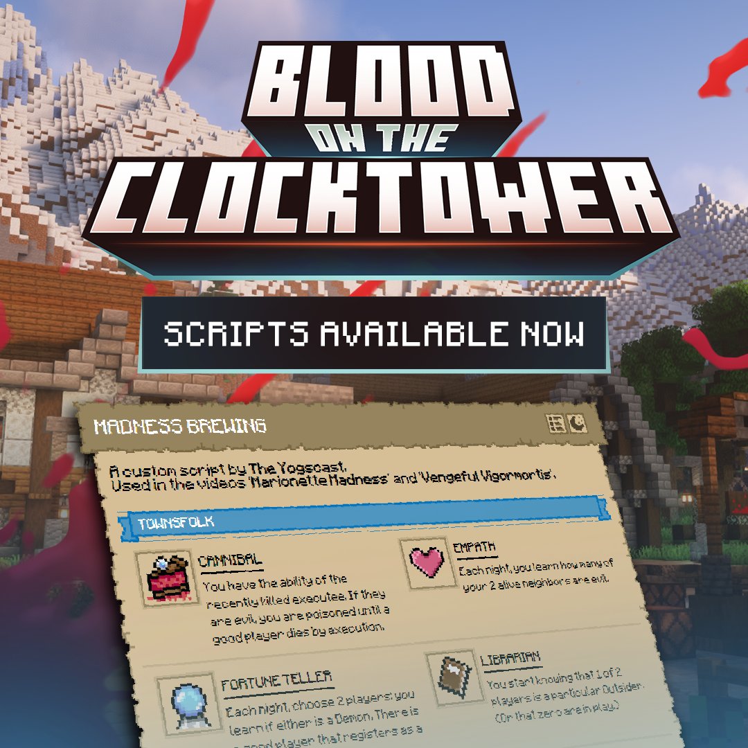 You've been asking for it and our wonderful team has delivered; The scripts for our Blood on the Clocktower videos can now be found in the descriptions and over on our website! yogscast.com/botc

Massive props to Nick and our Art team for the designs and implementation!