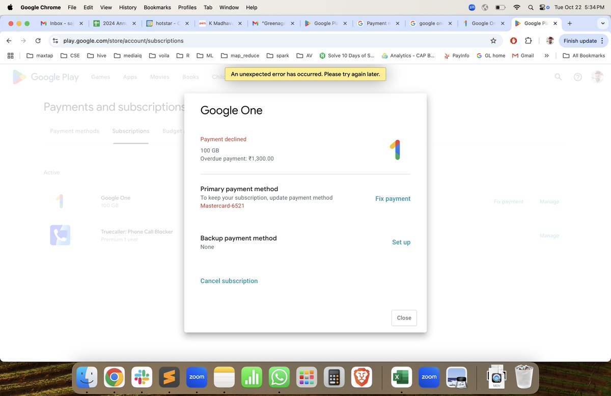 sajankedia's tweet photo. Google One membership renewal payment failed.
when trying to add a new payment method or fix payment, any button all giving error: "An unexpected error has occurred"

@Google @madebygoogle @gmail @GooglePlay @madebygoogle https://t.co/DbciVVe8gY