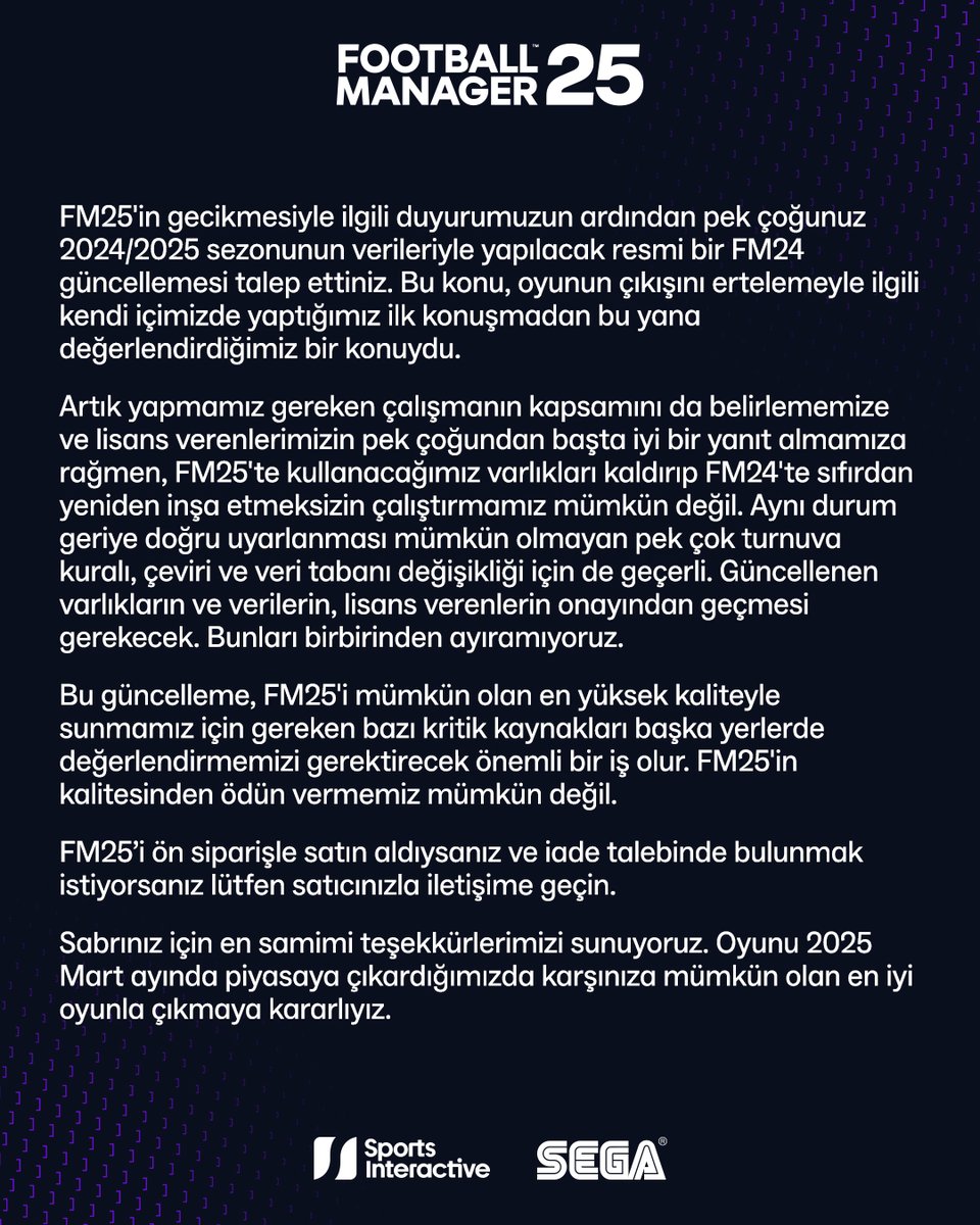 FM25'in Mart ayında yayınlanmasından önce FM24 Veri Güncellemesinin neden mümkün olmadığı konusuna açıklık getirmek istiyoruz