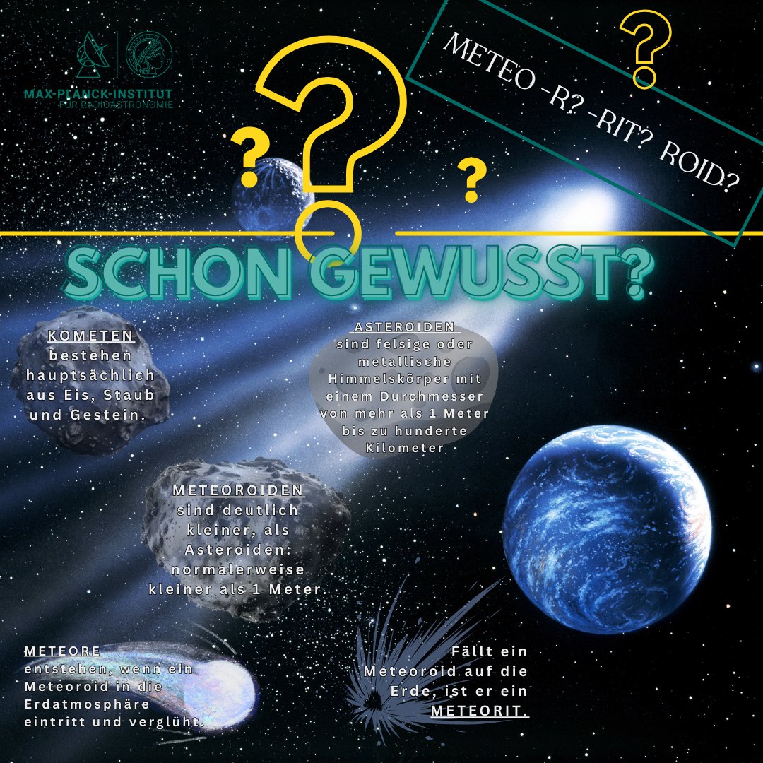MPIfR_Bonn's tweet photo. Schon gewusst?
#Meteor 🌠, #Meteorit 🪨 oder #Meteoroid 🌑? Was ist mit #Asteroid 🪐? Und nicht vergessen: #Komet ☄️ gibt es auch. https://t.co/eDvpIbwIQg
