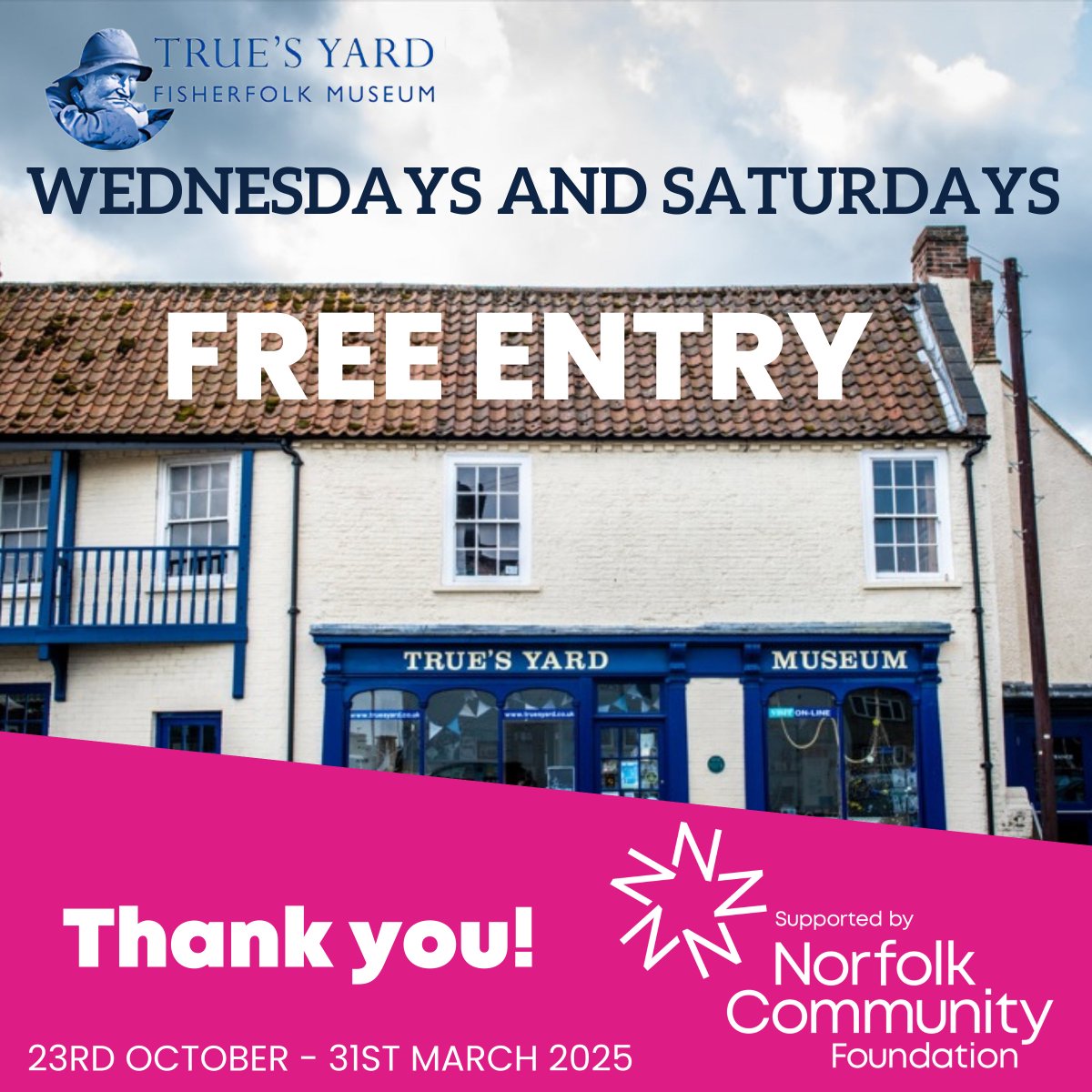 True's Yard Museum (@truesyardmuseum) on Twitter photo Delighted to announce that True's Yard Fisherfolk Museum will be Free Entry on Wednesdays and Saturdays from 23rd October 2024 to 31st March 2025 thanks to funding from <a href="/NorfolkCF/">Norfolk Community Foundation</a> #norfolk #kingslynn #westnorfolk #museums #freemuseumevents #whatsoninkingslynn #museum Delighted to announce that True's Yard Fisherfolk Museum will be Free Entry on Wednesdays and Saturdays from 23rd October 2024 to 31st March 2025 thanks to funding from <a href="/NorfolkCF/">Norfolk Community Foundation</a> #norfolk #kingslynn #westnorfolk #museums #freemuseumevents #whatsoninkingslynn #museum