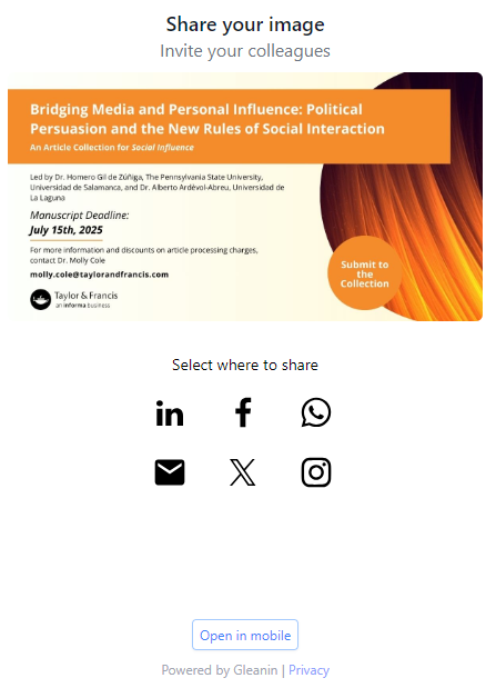 Excited to present our Article Collection: Bridging Media and Personal Influence: Political Persuasion and the New Rules of Social Interaction. Calling scholars to submit manuscripts and explore how media &amp; personal influence shape politics! 📚🚀 invt.io/1txboa1gicc  <a href="/_HGZ_/">Homero Gil de Zúñiga</a>