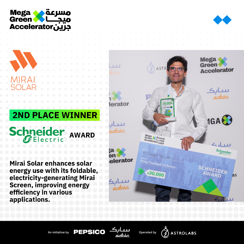 MGA_MENA's tweet photo. After months of dedication, creativity & passion, our 8 Sustainability Startups took the stage at the #MegaGreen Accelerator #DemoDay!
Congratulations to Viridia Tech (Greenalytics) for claiming the top prize & to @MiraiSolar for their second-place win!