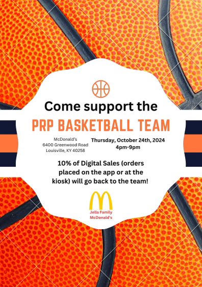 Help support the PRP girls and boys basketball team October 24, 4-9pm
10 % of all digital sales at McDonalds will go back to our teams. At the Greenwood road location only! 
#weareprp <a href="/Coachblack23/">Coach Michael Black</a> <a href="/PRP_Athletics/">PRP Athletics</a> <a href="/CoachKihnley/">Larry K</a> <a href="/PRP_Panthers/">PRP High School</a> <a href="/McDonalds/">McDonald's</a>