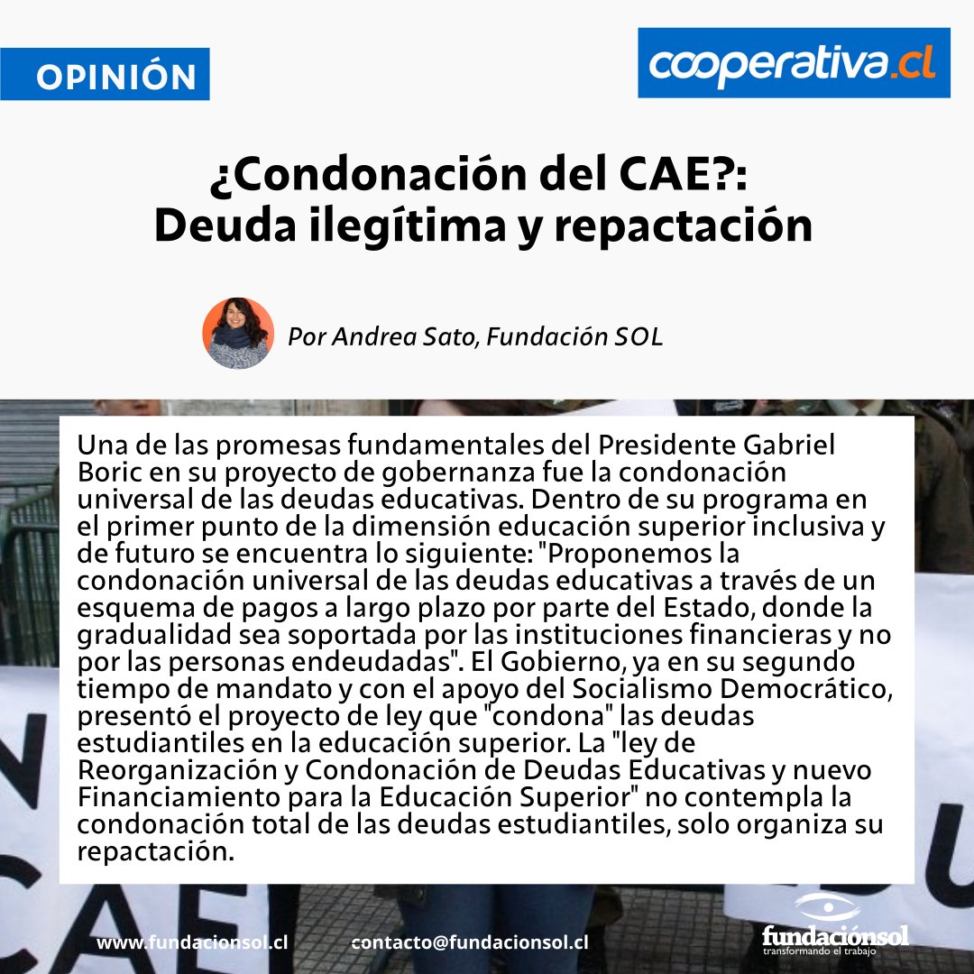 ¿Condonación del CAE? Deuda ilegítima y repactación "La Ley de reorganización y condonación de las deudas educativas y nuevo financiamiento de la ESUP no contempla la condonación total de las deudas estudiantiles y solo reorganiza su repactación" 
opinion.cooperativa.cl/opinion/educac…