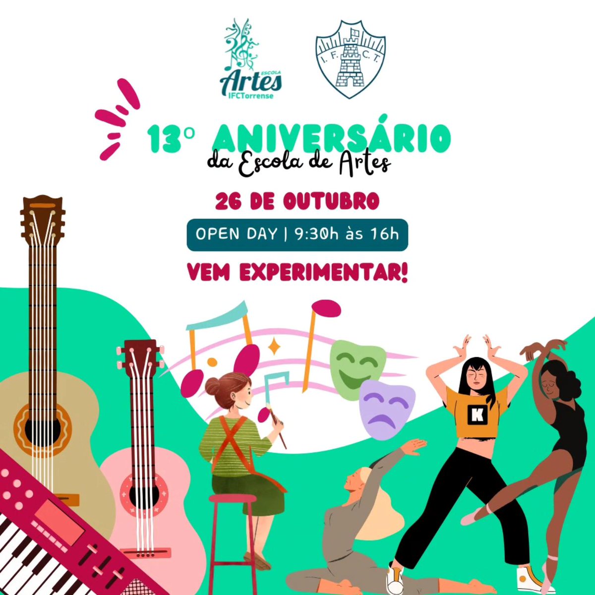 Participa no Open Day da Escola de Artes do Independente Futebol Clube Torrense. Vem experimentar um instrumento ou uma aula de dança. Contamos contigo!
