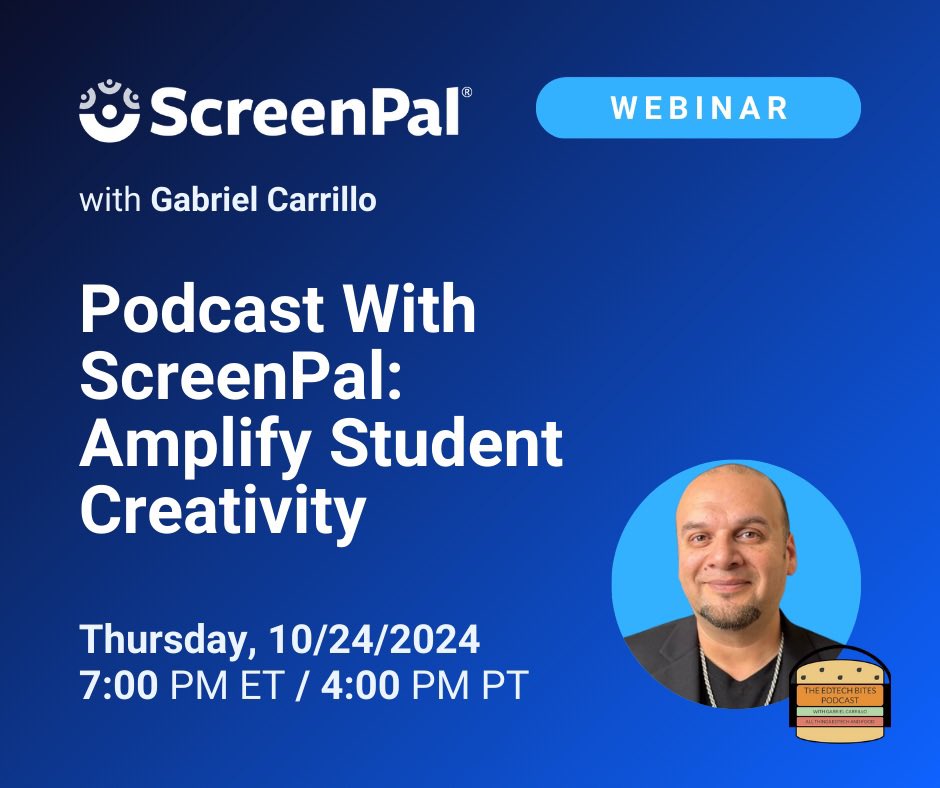 Gabriel Carrillo 🛫 #MACUL25 (@edtechbites) on Twitter photo It goes down 10/24! Join me and <a href="/sarahlaseiler/">Sarah Eiler</a> to show you how to use <a href="/screenpalapp/">ScreenPal (Formerly Screencast-O-Matic)</a> to create student podcasts. Register below 👇🏽
screencast-o-matic.zoom.us/webinar/regist…
#edtech #education #podcast #school It goes down 10/24! Join me and <a href="/sarahlaseiler/">Sarah Eiler</a> to show you how to use <a href="/screenpalapp/">ScreenPal (Formerly Screencast-O-Matic)</a> to create student podcasts. Register below 👇🏽
screencast-o-matic.zoom.us/webinar/regist…
#edtech #education #podcast #school