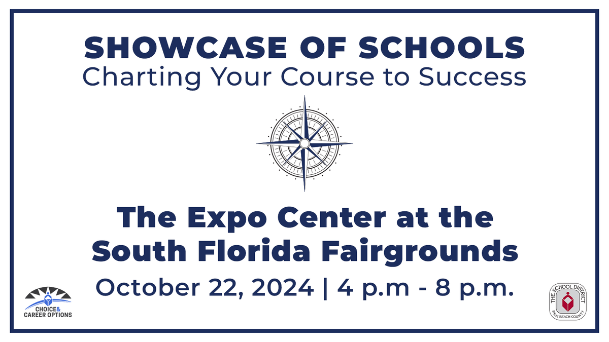 pbcsd's tweet photo. 🤩🎉 HAPPENING TODAY! Join us for the 2024 Showcase of Schools happening today, Tuesday, October 22, from 4-8 p.m., at the South Florida Fairgrounds Expo Center.

This special event is an opportunity to explore 330+ Choice and Career programs throughout the District and meet staff and students from 125 elementary, middle, and high schools.

📅The Choice application for the 2025-2026 school year will be available Monday, November 4, 2024 at https://t.co/njRR01XTvq.

📲 Learn more at: https://t.co/sJUrrSloAM