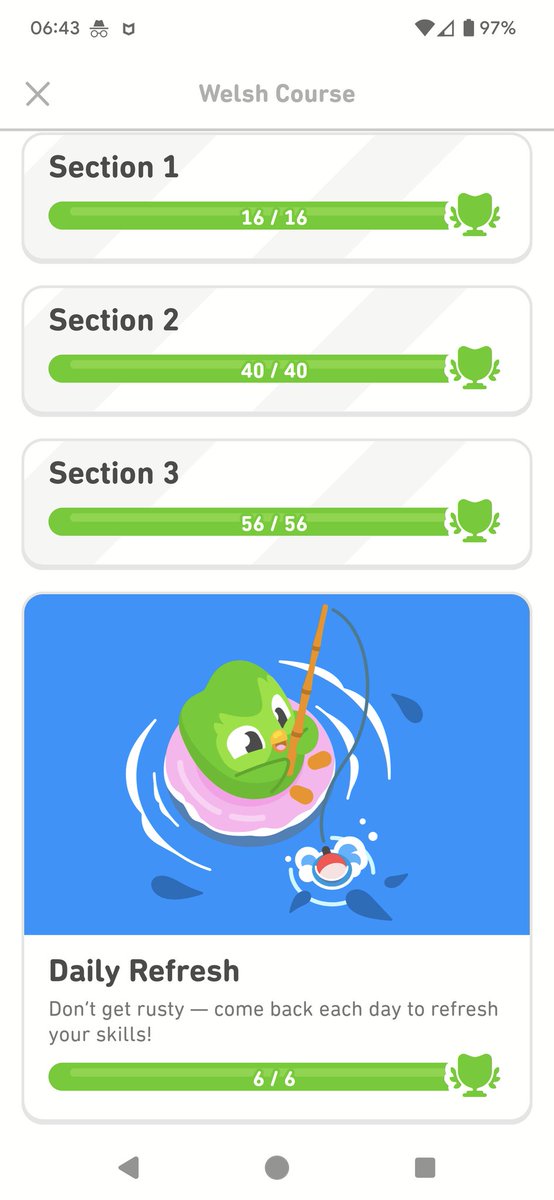 dremmamalloy's tweet photo. It's the longest I've ever stuck with an app, and I've finished the Welsh course content on day 511! 🏴󠁧󠁢󠁷󠁬󠁳󠁿 Wish @duolingo would add more content. I still can't speak Welsh, and surely there are many #pannas related situations to cover still!? What does Dewi do with them all?? 🤔 https://t.co/V3h3gcFvJd
