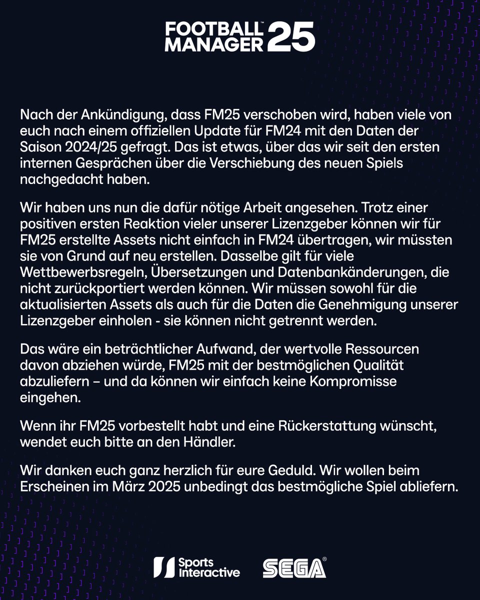 Wir möchten Klarheit darüber schaffen, warum ein FM24-Datenupdate vor der Veröffentlichung von FM25 im März nicht möglich ist.
