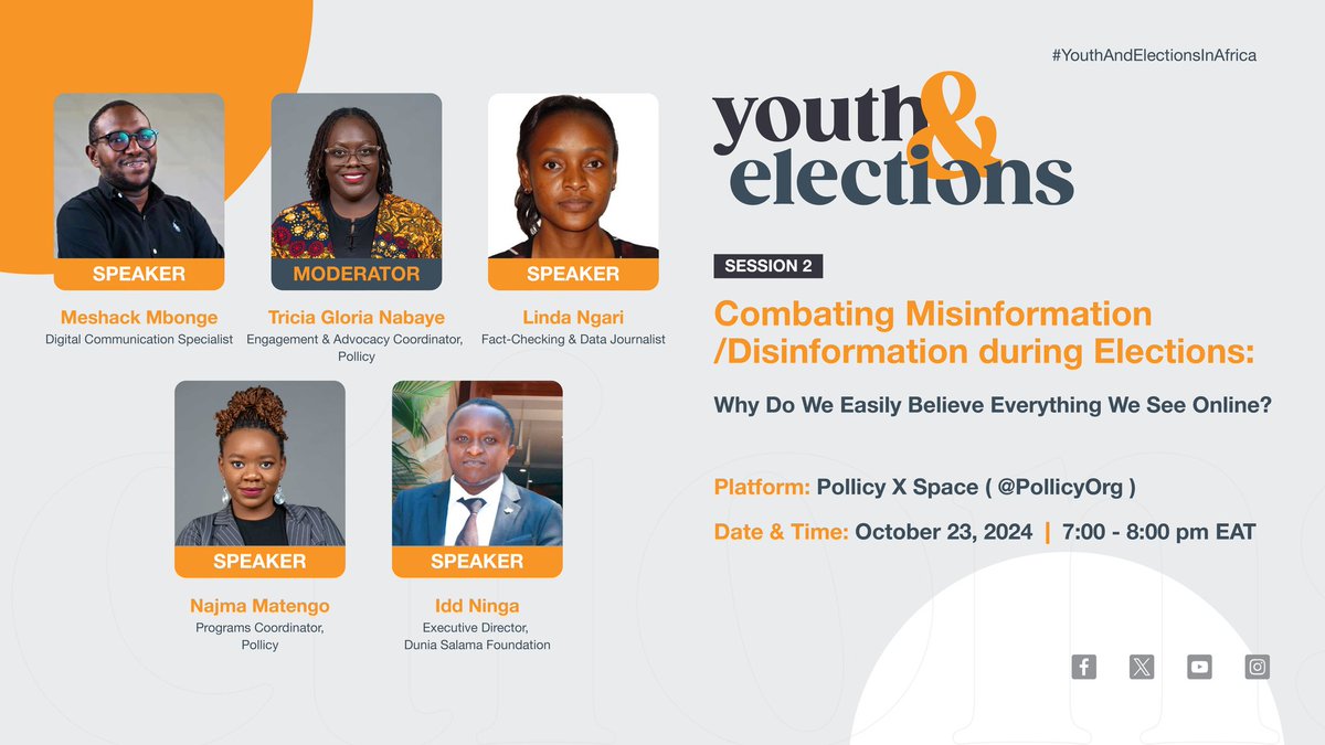 📣 TOMORROW! 

We're gearing up for session 2 of the #YouthAndElectionsInAfrica Dialogue series. 

Our speakers will be taking a deep dive into combating mis/disinformation during elections &amp; more . Don't miss out! 

⏰ 7 PM EAT
👉 X Spaces: x.com/i/spaces/1nAKE…