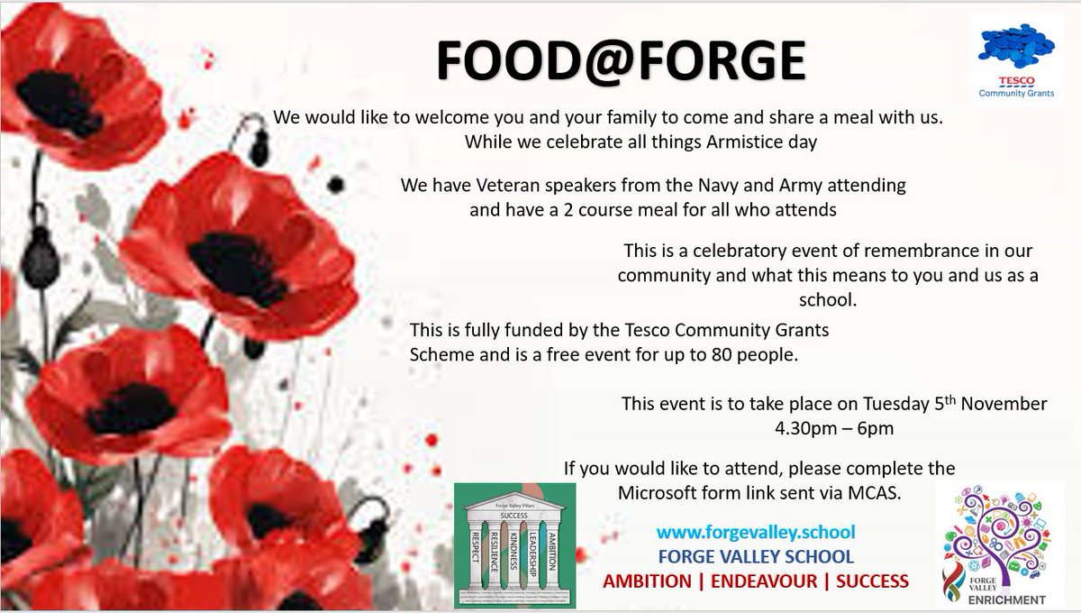 forgevalley's tweet image. We are excited to be hosting our first Food@Forge event on Tuesday 5th November.

If you would like to put your name forward to register your interest then please complete the form sent out via MCAS.
We will be in contact on Thursday 24th October to confirm your place.