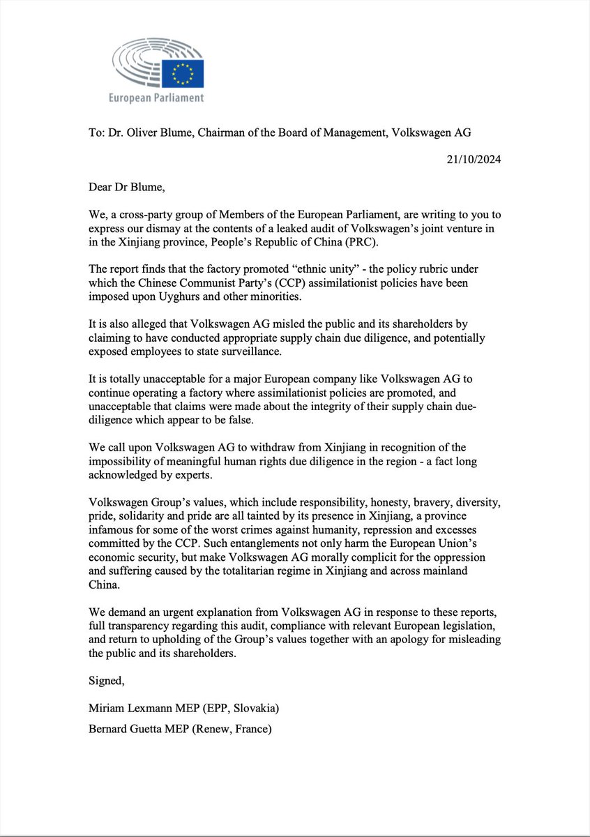 ipacglobal's tweet photo. ‼️ Initiated by IPAC 🇪🇺 members, 19 cross-party MEPs call on @VWGroup to withdraw from Xinjiang.

Their joint letter urges transparency regarding the leaked audit of Volkswagen’s joint venture in Xinjiang, in which VW is accused of promoting assimilationist policies.