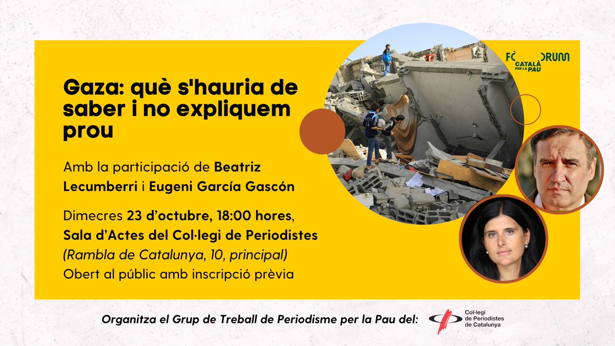 🪖Aquesta tarda debatrem sobre la cobertura de Gaza i al Líban amb dos periodistes experts: <a href="/blecumberri/">Beatriz Lecumberri</a> i Eugeni García Gascón 

🗓️No t'ho perdis, a les 18h a Rambla de Catalunya, 10
🎟️Entrada lliure
🕊️Un acte del Grup de Treball #PeriodismePerLaPau

✍️docs.google.com/forms/d/e/1FAI…