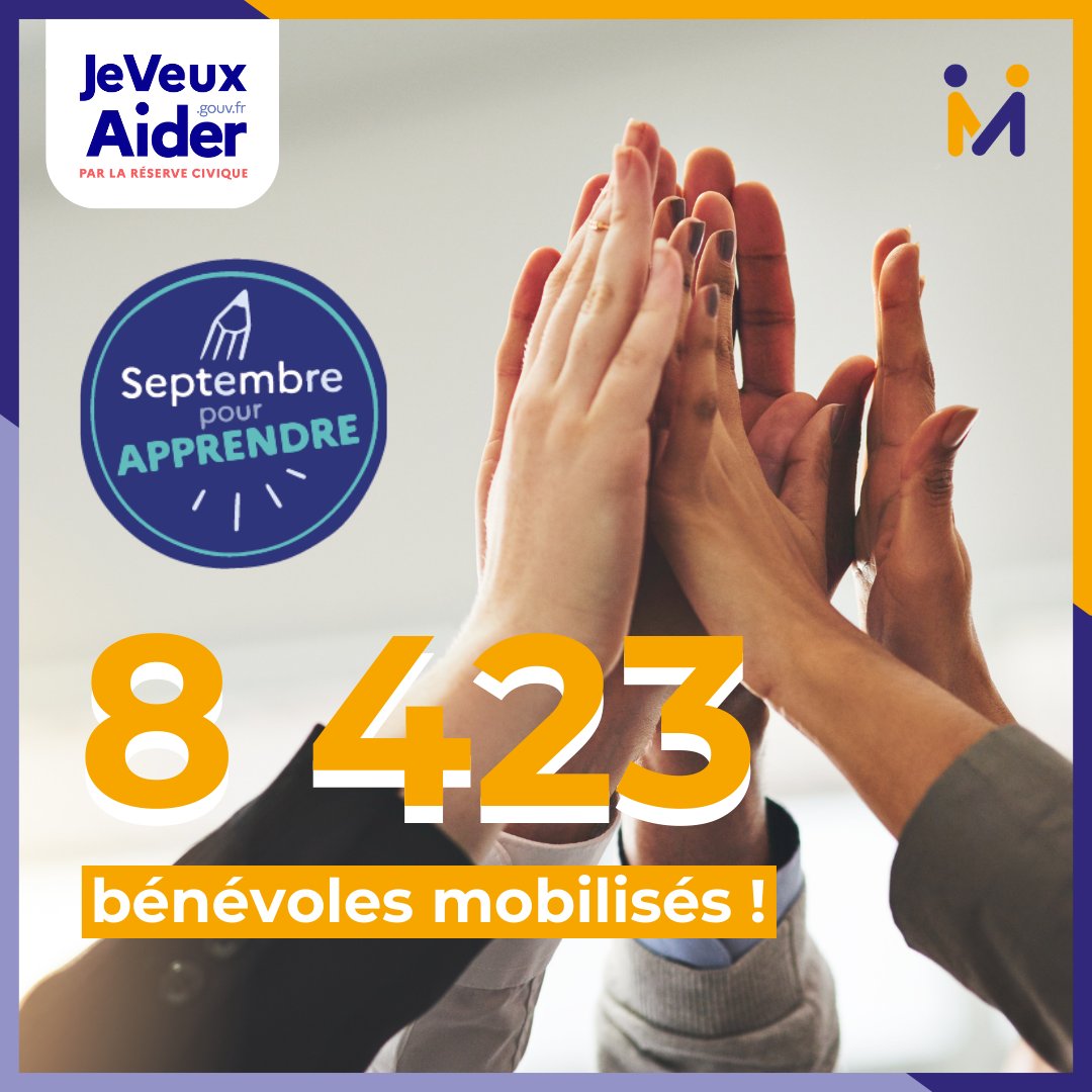 Les chiffres du jour : 8 423 ✨

C’est le nombre de bénévoles mobilisés en 1 mois, dont de nombreux mentors, suite à la campagne “Septembre pour apprendre” menée par <a href="/ReserveCivique/">JeVeuxAider.gouv.fr</a>, en faveur de l’éducation.
🤝En partenariat avec <a href="/AfevFrance/">Afev</a>, @LaCravateSolidR et @weblaligue.