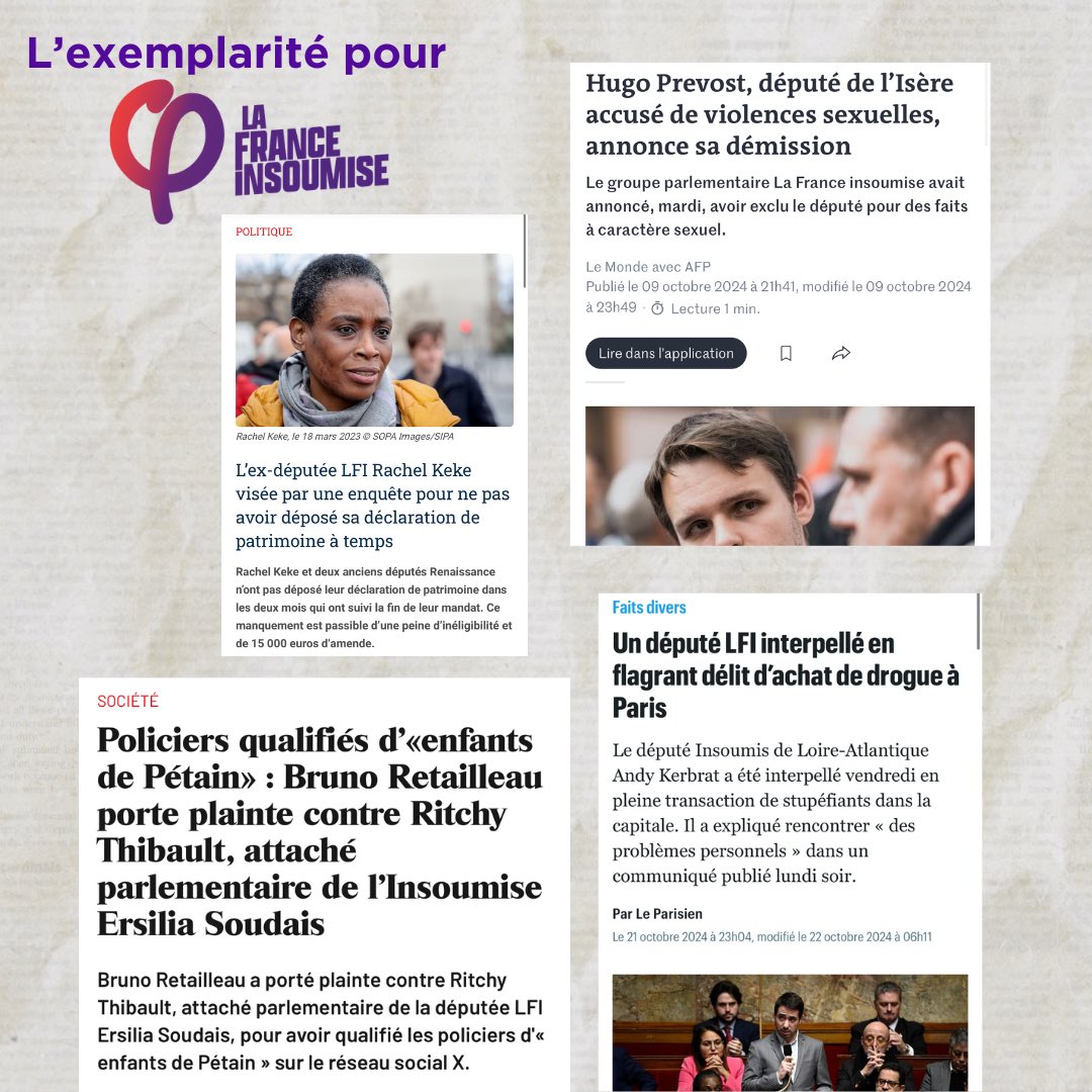 L’exemplarité pour #LFI… 

👉 Le député LFI de Loire-Atlantique Andy Kerbrat a été interpellé en flagrant délit d’achat de drogue à Paris. 

👉 L’assistant parlementaire de la députée LFI Ersilia Soudais a comparé les policiers à des « enfants de Pétain ». 

👉 Le député LFI de