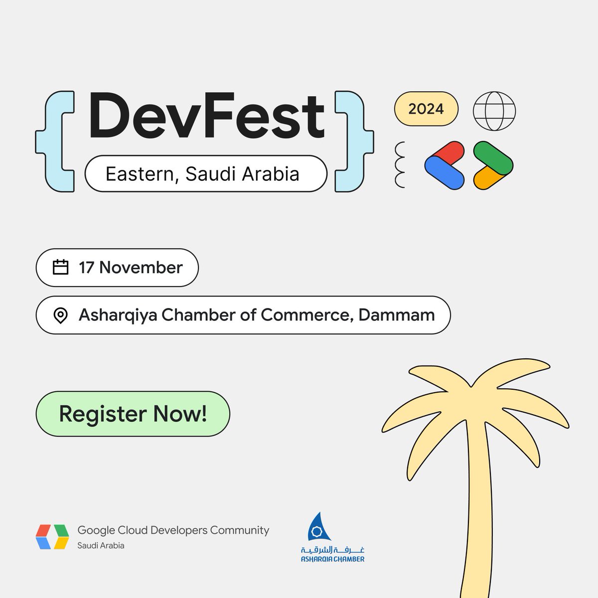 في الشرقية ولأول مرة! 🥳

DevFest/مهرجان المطورين، أكثر فعالية متحمسين لها كل سنة جا وقتها 👏🏻

📍غرفة الشرقية، الدمام
🗓️الأحد، 17 نوڤمبر

انضموا لنا، ولخبراء مطوري Google، وجمهور من المطورين في السعودية لنتشارك الخبرة والمعرفة 👇

سجل الآن 🔗 gdg.community.dev/events/details…