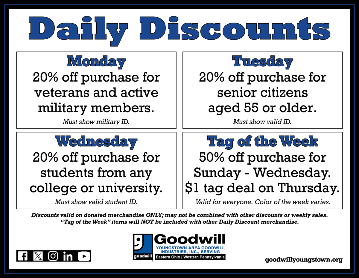 YtownGoodwill's tweet photo. Do you know about Goodwill's Daily Discounts? Today is one of our most popular days with Senior Discount. Be sure to check out the other days, as well! https://t.co/CDiqNetdPe