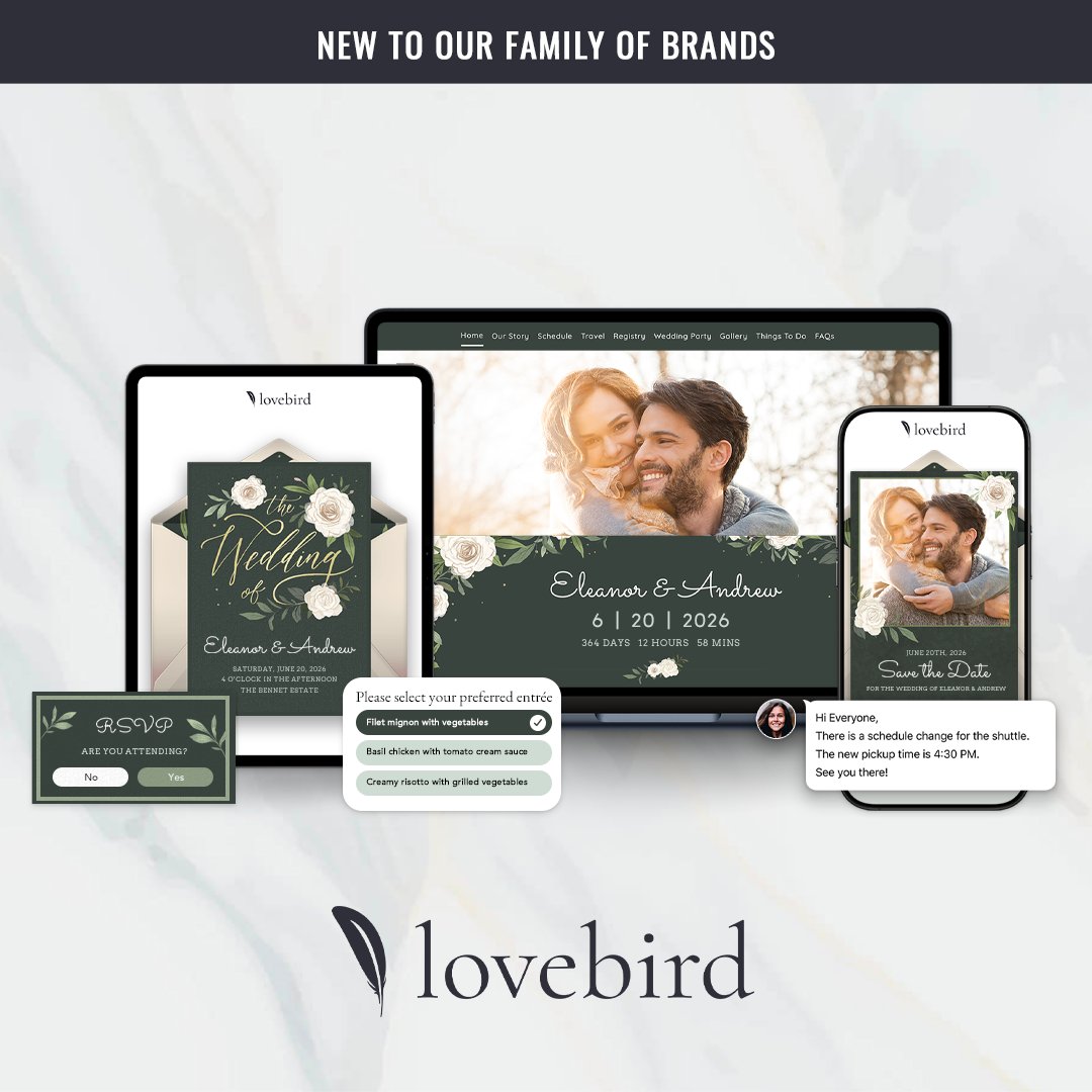 Today, we’re thrilled to announce the launch of Lovebird –  the most elegant way for engaged couples to communicate with their wedding guests. Learn more: lovebird.com