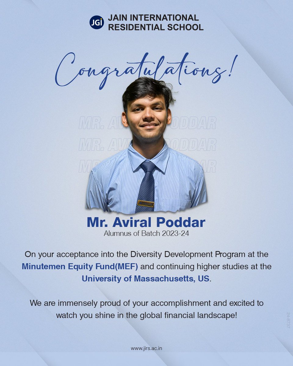 jirsbangalore's tweet image. Congratulations to Mr. Aviral Poddar from Batch 2023-24 on his acceptance into the Diversity Development Program at Minutemen Equity Fund. A prestigious opportunity to succeed in equity research and portfolio management. We’re so proud!
#JIRS #DevelopmentProgram #MEF #Fund
