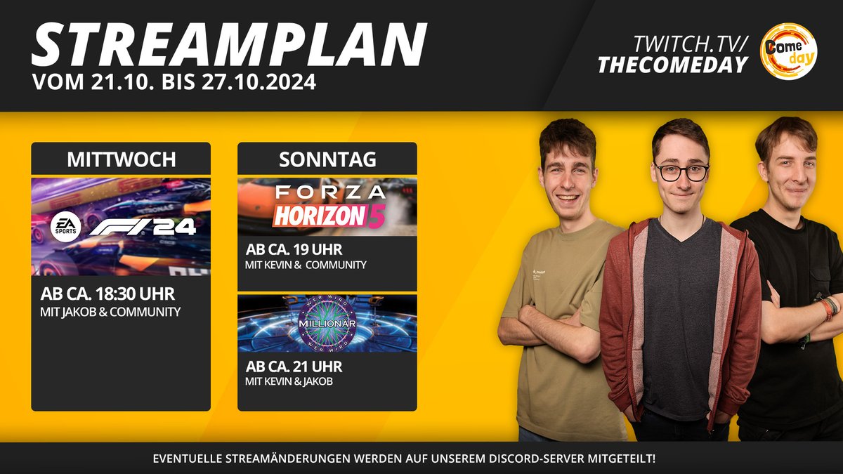 Diese Woche schwingen wir uns mal wieder in die F1 Boliden und machen ein paar Runden Community Racing in #F124 🏁 Zudem geht's natürlich wieder nach Mexiko in #FH5 und Kevin &amp; Jakob müssen bei #WerwirdMillionär ihr Wissen unter Beweis stellen🔥 Schaffen sie es bis zur Million?🤑