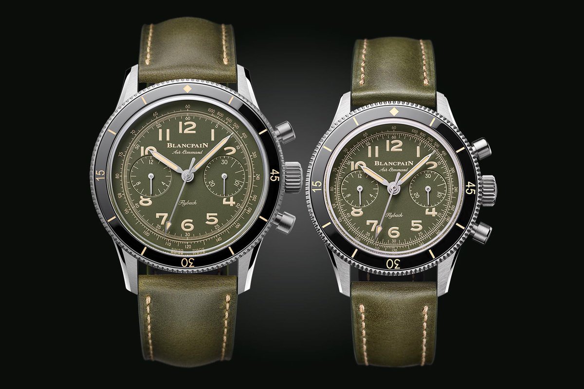 time_watches's tweet photo. #Blancpain has unveiled two new #AirCommand #flyback chronographs, dressed for the first time in a camouflage green colour. Two size: 42.5mm and 36.2 mm. Full details at https://t.co/DOw2h1RlzQ https://t.co/p3vRidxdMp