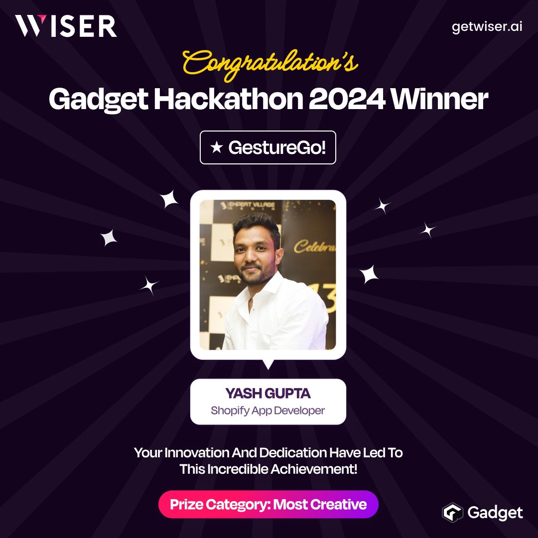 iamitporwal's tweet image. Congratulations Yash Gupta for winning the @gadget_dev hackathon 2024 for your app Gesture Go. 👏🏻🎉👏🏻👏🏻😃😃

Team @getwiserapp is proud of u.

We are happy to reward you for your hardwork. 👏🏻

#shopify #shopifyapps