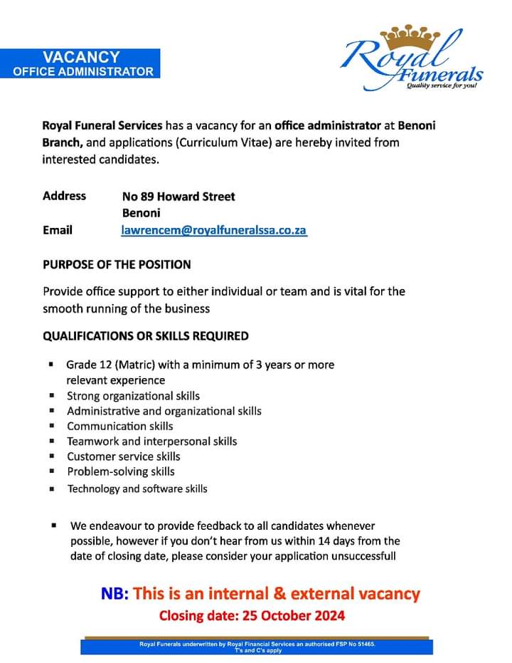 CarolBoitumelo1's tweet photo. We are hiring a Office Administrator in Benoni.
Email your CV to lawrence@royalfuneralssa.co.za
#25yrsofexcellence
#QualityServiceForYOU https://t.co/rRVLJdYuTC