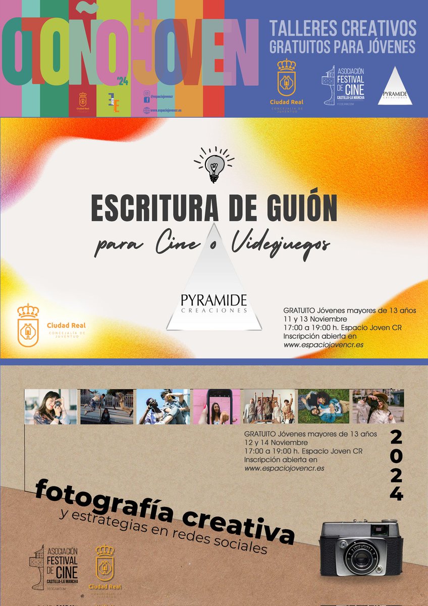 Unificamos fechas‼️
👉Todavía estás a tiempo para formarte en temas audiovisuales con el Festival de Cine de CLM. 
✍️Iníciate en elaboración de guiones para cine y videojuegos 
🤳Aprende sobre fotografía y tips para redes sociales.
📅Ahora en noviembre. GRATIS